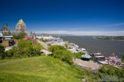 Travel photography:Panoramic view of the Château Frontenac castle in Quebec with Saint Lawrence river, Canada
