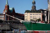 Travel photography:View of the Rickmer Rickmers (ship) with Hamburg city, Germany