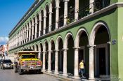 Travel photography:Colonnades along the main square in Campeche, Mexico
