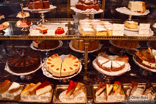 Cakes on display inside the Demel café house in Vienna