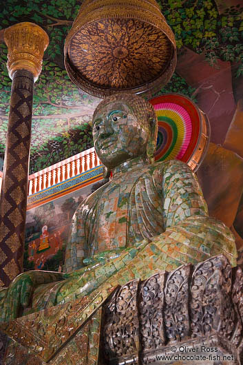 Giant green Buddha statue inside a temple at the Vipassara Dhara Buddhist Centre near Odonk (Udong)