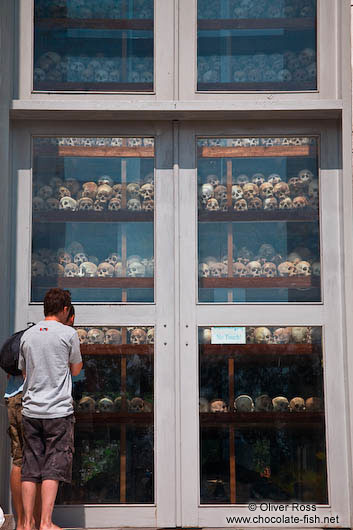Collection of skulls indise the memorial stupa at the Killing Fields in Choeung Ek
