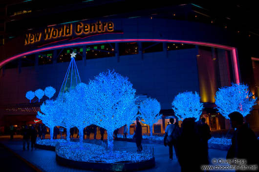 Trees with blue lighting at Hong Kong´s New World Centre