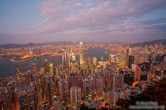 Hong Kong bay and skyline at dusk 