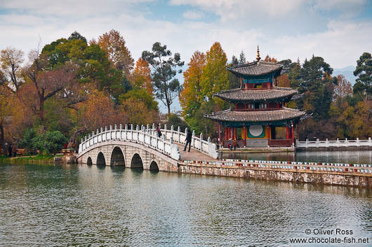 Lijiang Black Dragon Pool with pagoda and bridge 