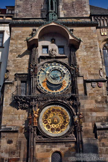 Astronomical clock and city hall tower on the old town square