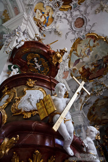 Baroque pulpit inside the St. Georg and Jakobus church in Isny 