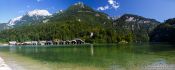 Travel photography:Panoramic view of the Königssee (king´s lake) with boat houses, Germany