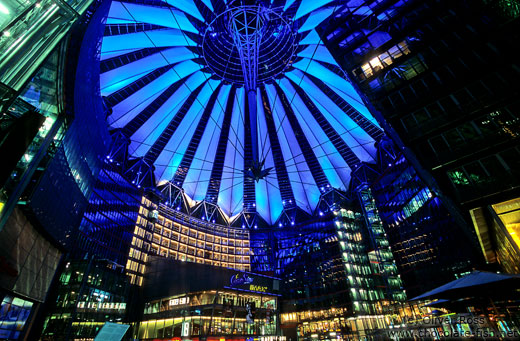 The Sony Centre on the Potsdamer Platz with blue lighting