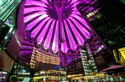 The Sony Centre on the Potsdamer Platz with purple lighting