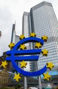 Travel photography:Giant Euro sign in front of the Building of the European Central Bank, Germany