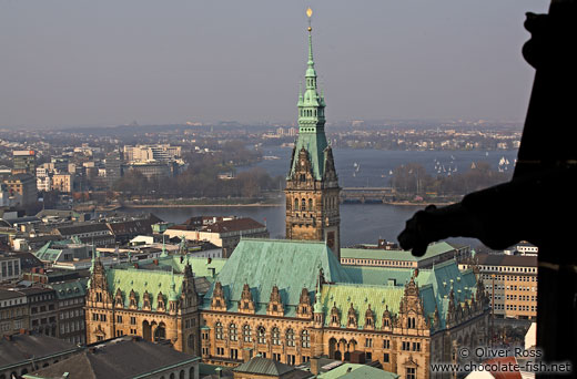 Aerial view of Hamburg`s Rathaus (City Hall) with gargoyle