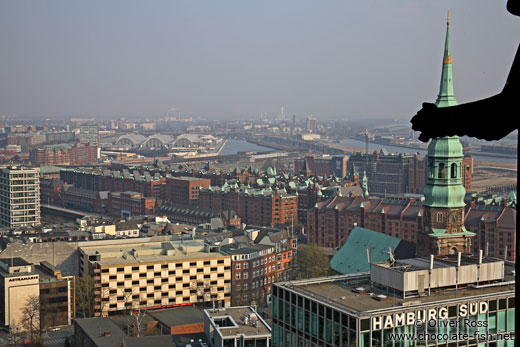 Aerial view of Hamburg`s Speicherstadt with gargoyle
