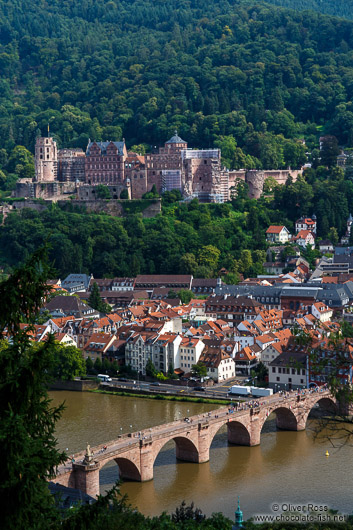 Panoramic view of Heidelberg with its castle and the Neckar River from the philosopher´s path