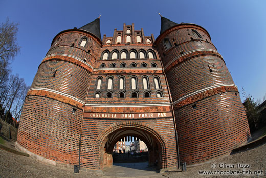 Lübeck`s famous Holstentor (city gate) through a fisheye lens
