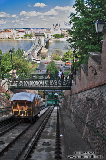 Cable car ascending from the Danube river to the Budapest castle