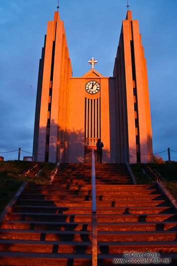 Light of the midnight sun on midsummer night hits the church in Akureyri