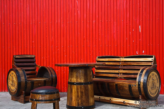 Table and chair ensemble from old herring barrels at a cafe in Siglufjörður