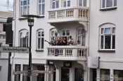 Travel photography:Live music performance in downtown Reykjavik performed on a balcony, Iceland