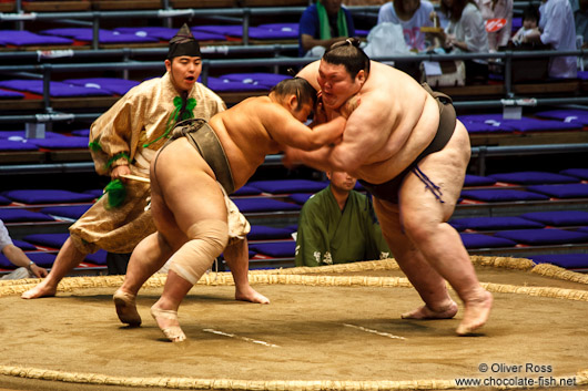 Makushita ranked wrestlers in a bout at the Nagoya Sumo Tournament