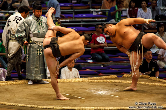 Juryo ranked wrestlers perform the leg-stomping (shiko) exercise to drive evil spirits from the ring (dohyoin) at the Nagoya Sumo Tournament