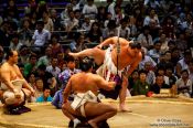 Travel photography:Presentation of the bow to the top makuuchi wrestler at the Nagoya Sumo Tournament, Japan