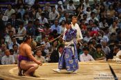 Travel photography:Presentation of the bow at the end of the days fighting at the Nagoya Sumo Tournament, Japan