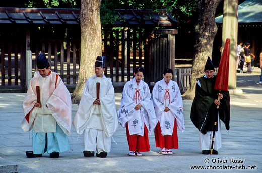 Priest and helpers after the wedding ceremony at Meiji Shrine in Tokyo