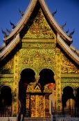 Travel photography:Facade of the Haw Pha Bang temple in the evening light, Laos