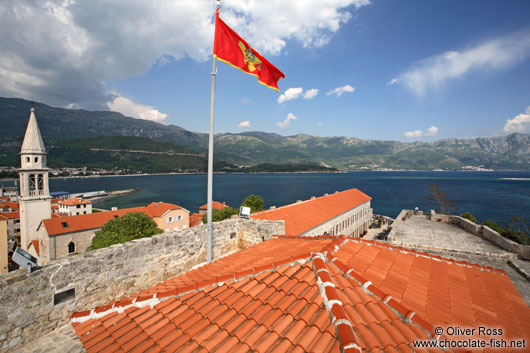 View from Budva castle with Montenegrin flag