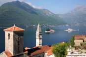 Travel photography:View of the two churches in Perast with the islands of Sv. Djordje (St. George) and Gospa od Škrpjela (Our Lady of the Rock), Montenegro