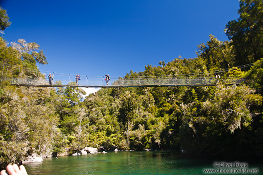 Hikers crossing a suspension bridge in Abel Tasman National Park