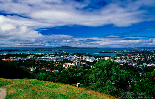 Auckland viewed from Mt Eden with Rangitoto Island in the background
