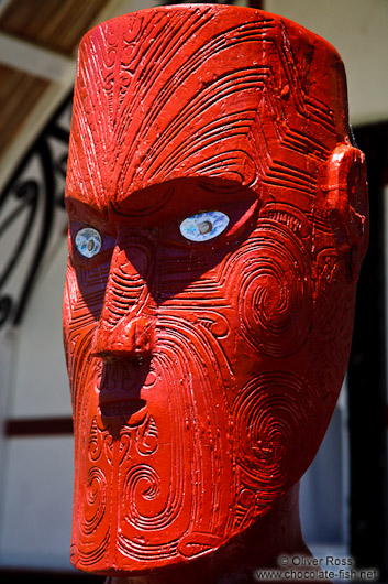 Wooden sculpture at a Maori meeting house near Whanganui
