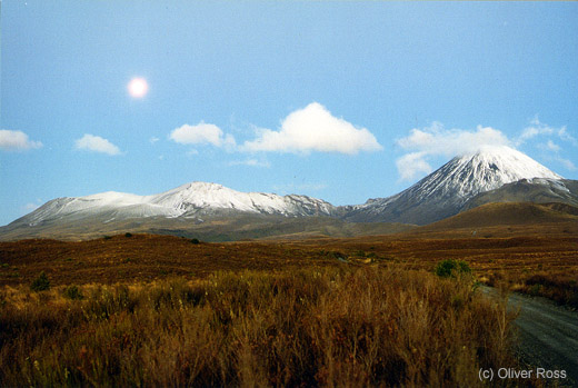 Moon over Mt Ruapehu and Mt Ngauruhoe
