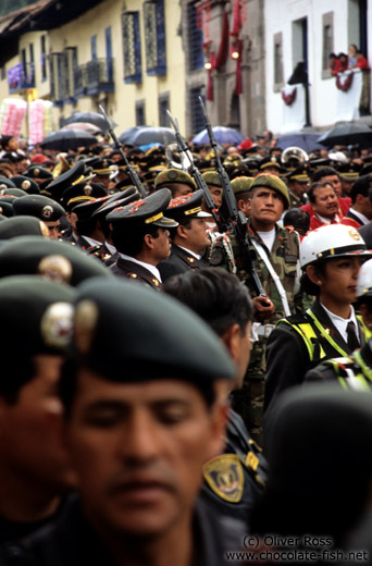 Military participation at the procession of el Señor de los Temblores (Lord of the earthquakes) in Cusco