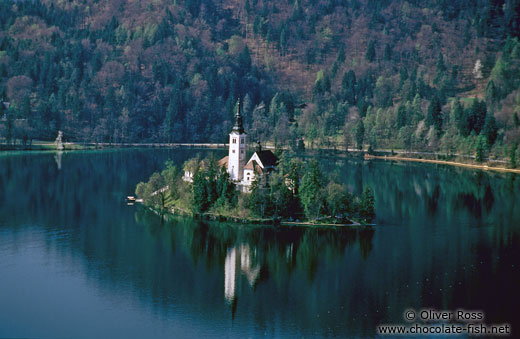 Island with church surrounded by Blejsko jezero (Bled lake)