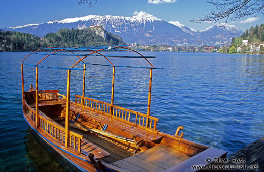 Boat in Blejsko jezero (Bled lake) with Bled Castle in the background