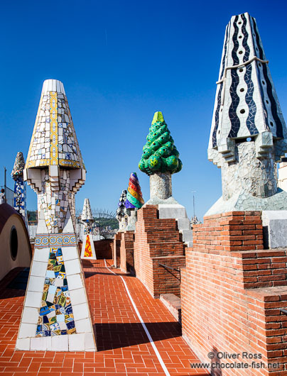 Roof terrace on Palau Güell with sculpted chimneys