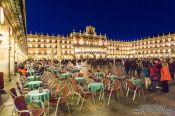 Travel photography:Street cafés on the Plaza Mayor in Salamanca by night, Spain