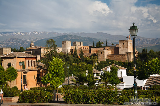 View of the Alhambra from the Albayzin district with the Sierra Nevada in the background