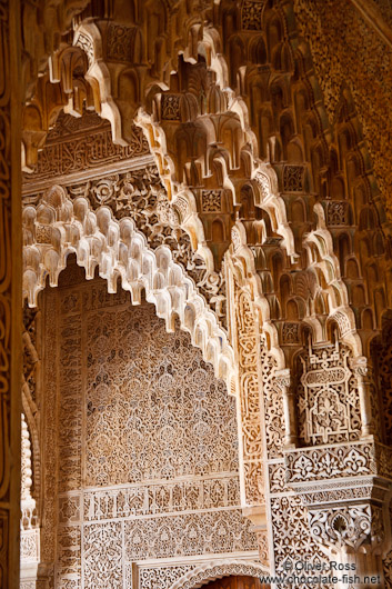 Arches in the Patio de los Leones (Court of the Lions) of the Nazrin palace in the Granada Alhambra