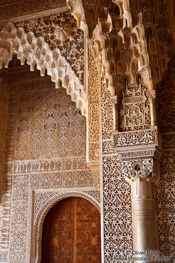 Facade detail in the Patio de los Leones (Court of the Lions) of the Nazrin palace in the Granada Alhambra