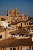Travel photography:View of the Palma cathedral La Seu and old town during sun set, Spain