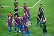 Travel photography:The team of FC Barcelona with new arrival Cesc Fábregas on their victory lap after winning the Supercup 2011, Spain