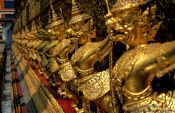 Travel photography:Row of golden garuda figures outside the main building of Wat Phra Kaew in Bangkok, Thailand
