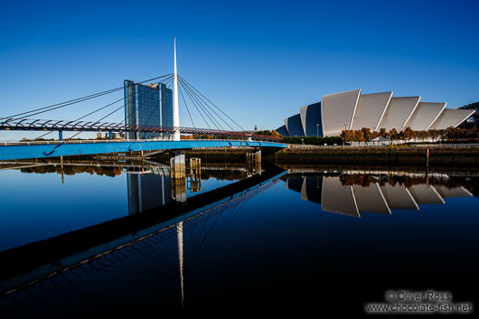 The Clyde Auditorium with Bell`s Bridge across the River Clyde in Glasgow