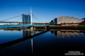 Travel photography:The Clyde Auditorium with Bell`s Bridge across the River Clyde in Glasgow, United Kingdom
