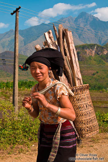 Hmong woman with fire wood near Sapa