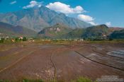 Travel photography:Rice fields near Sapa with Fansipan mountain in the background, Vietnam